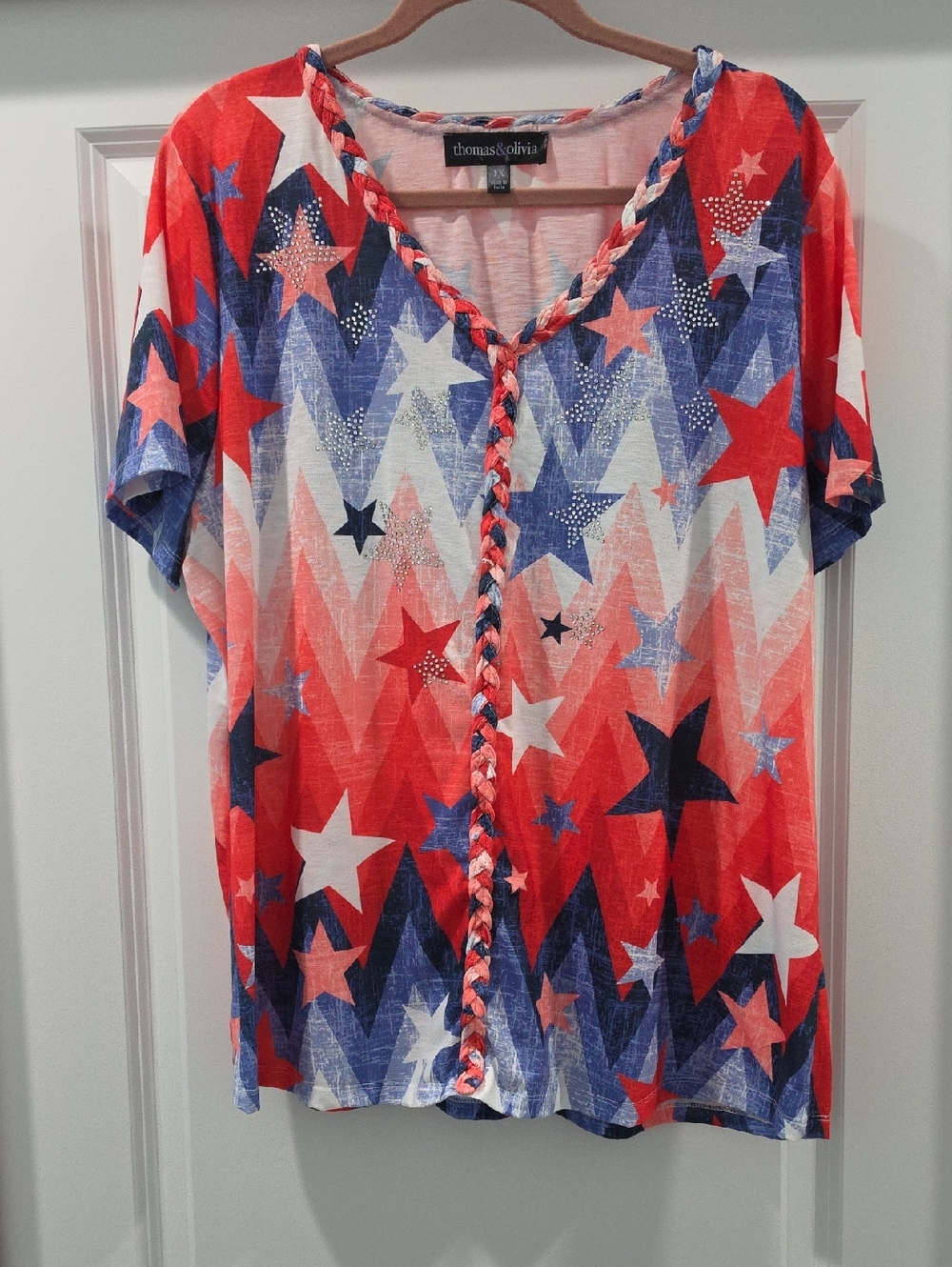 Patriotic Red, White & Blue Star Print V-Neck Top Wear 7/4 Or Any America 250!